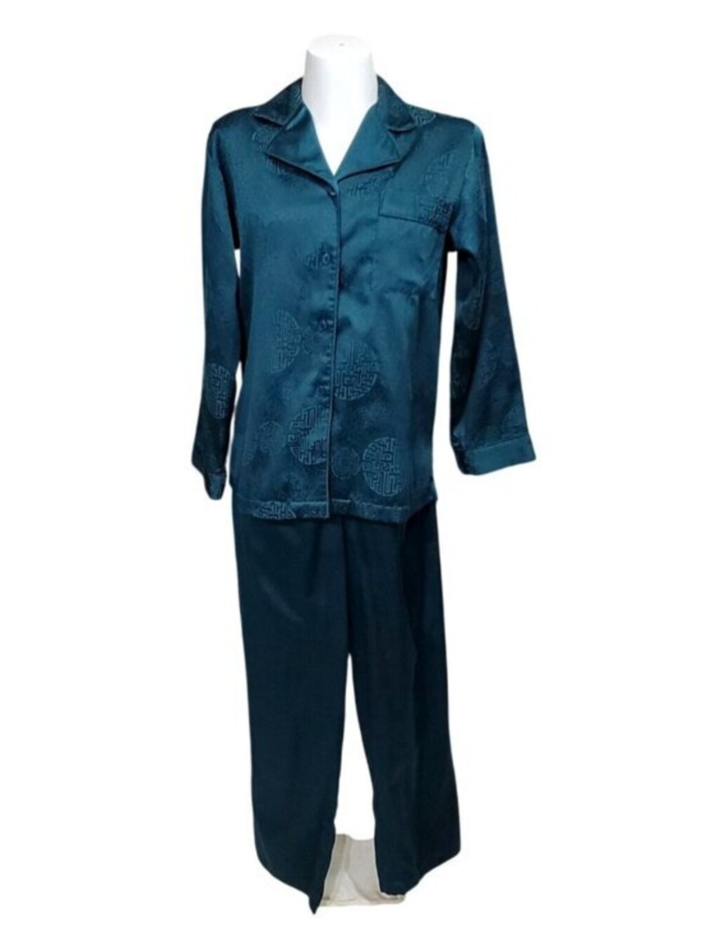 Cabernet Green Damask Fleece Lined Satin Pajama Set S